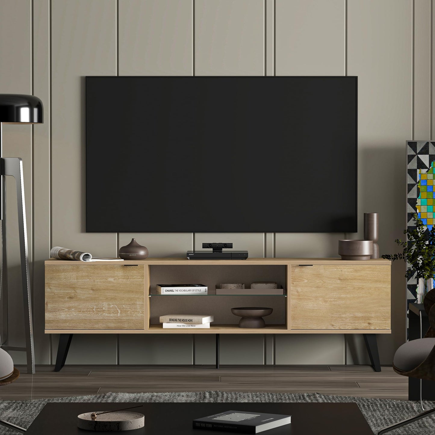 Uniqtrio TV Stand Cabinet | Walnut TV Unit with Glass Shelf | TV Cabinet | TV Stand Unit | TV Units for Living Room | TV Table |Soft Closing Hinges
