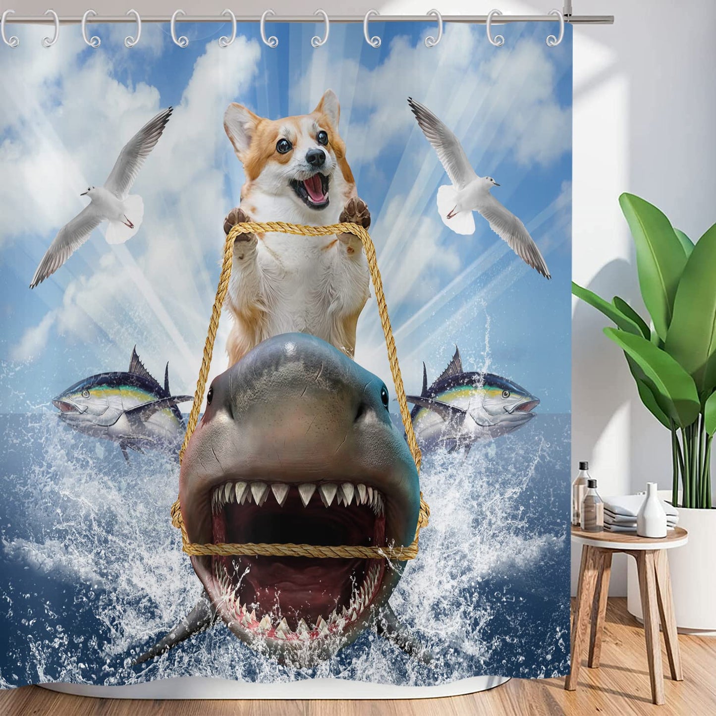 ASDCXZ Shower Curtain Funny 180x200 cm, Funny Dog Ride Shark Ocean Adventure Washable Textile Bathroom Curtains Polyester Fabric Waterproof Shower