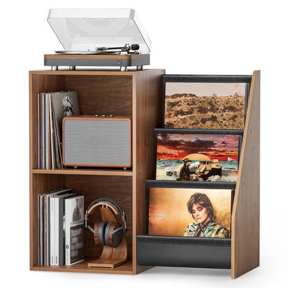 Bikoney Record Player Stand with 3-Tier Vinyl Storage for 220 LPs - Walnut