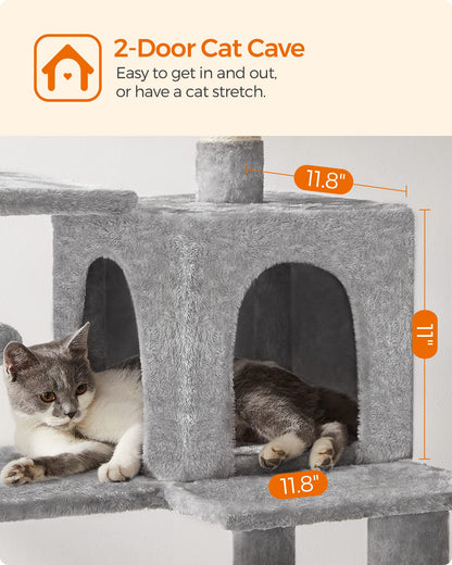 Feandrea Cat Tree, 143 cm Cat Tower for Indoor Cats, Multi-Level Plush Cat Condo with 4 Scratching Posts, 2 Perches, Cave, Hammock, Pompoms, Light