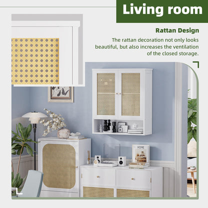 vovala Bathroom Wall Cabinet, Bamboo Over-The-Toilet Storage Organizer with 2 Rattan Doors and Adjustable Shelf