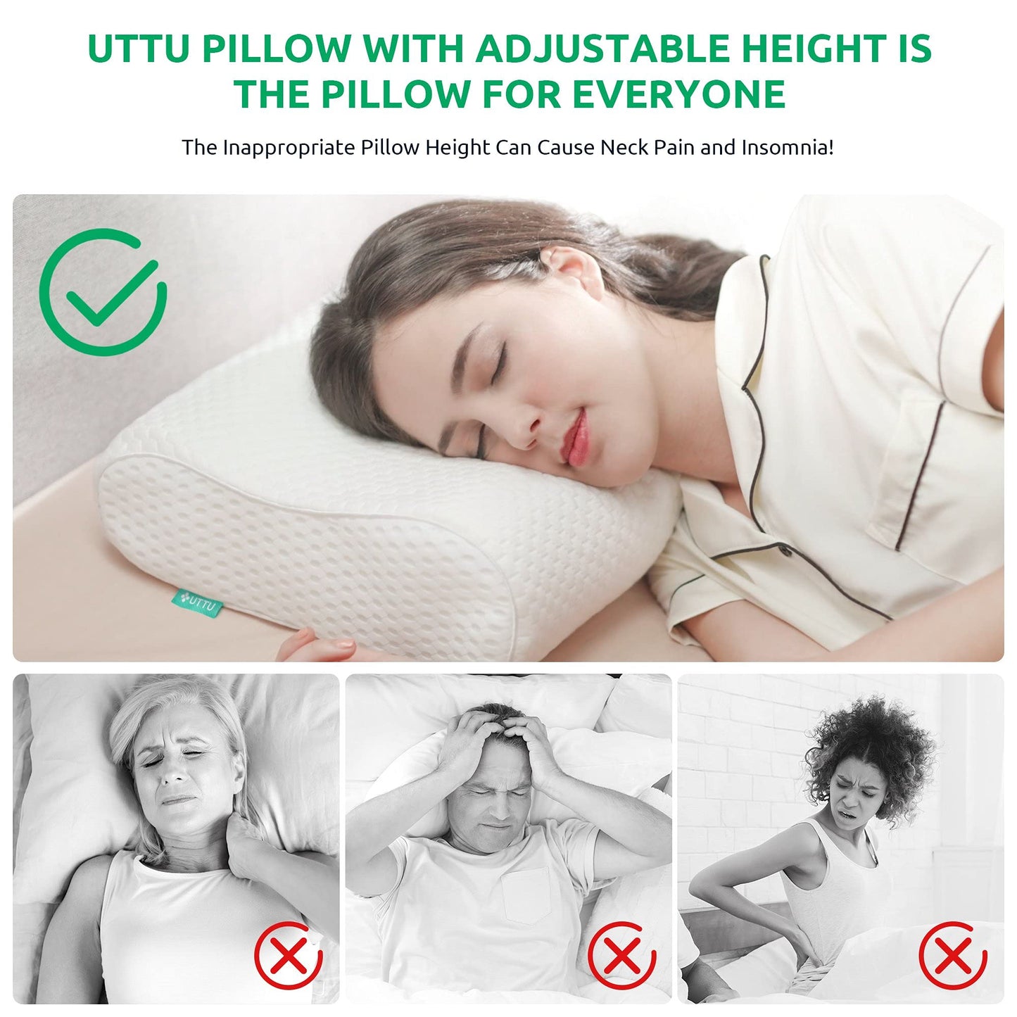 UTTU Cervical Pillow for Neck Strain Relief, Memory Foam Neck Pillow for Sleeping, Adjustable Orthopedic Sandwich Pillow, Contour Cooling for Side