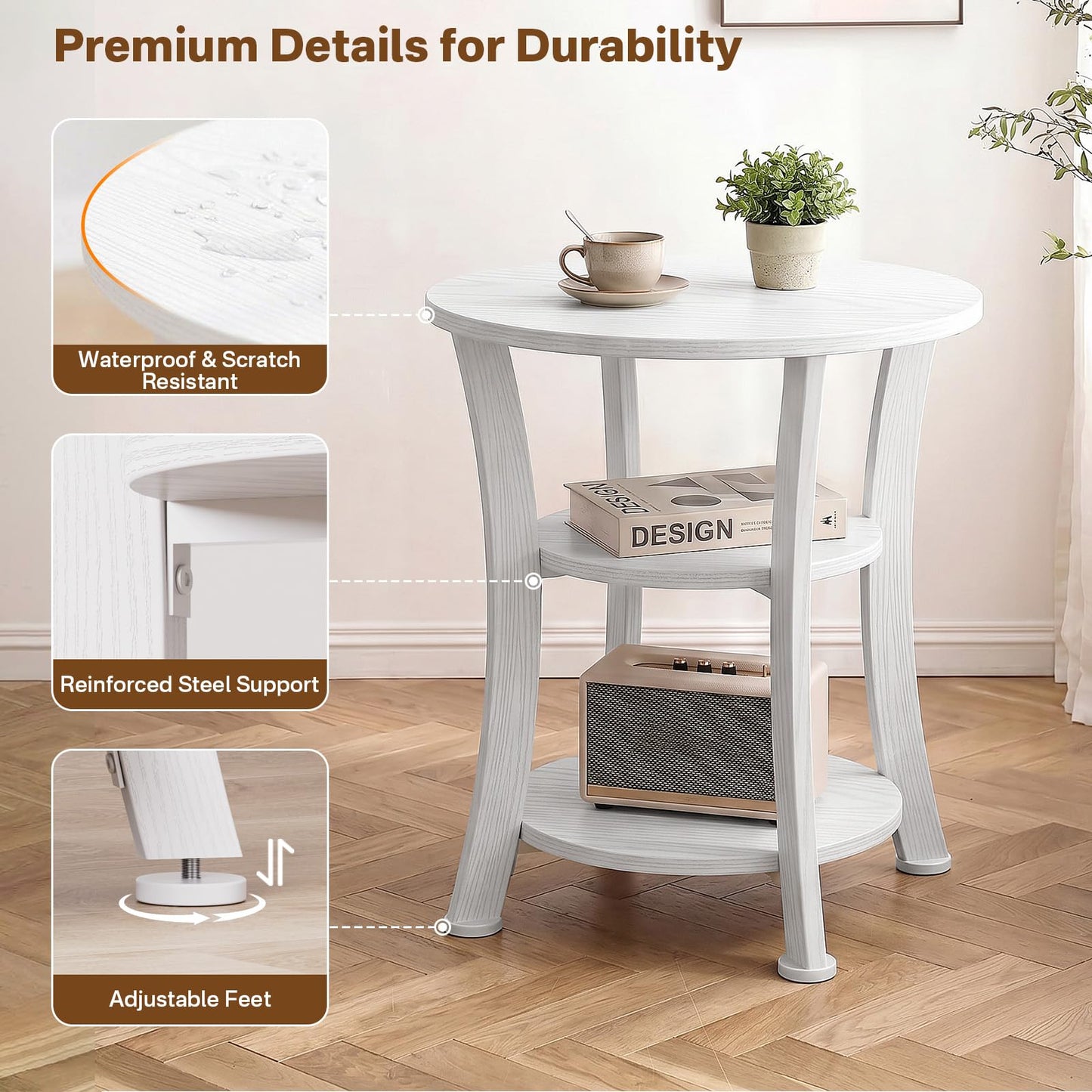 Yuede Round End Table, 3 Tier Side Table with Storage, Farmhouse Wood Side Table, Vintage Sofa Bedside Table Coffee Table for Bedroom Living Room