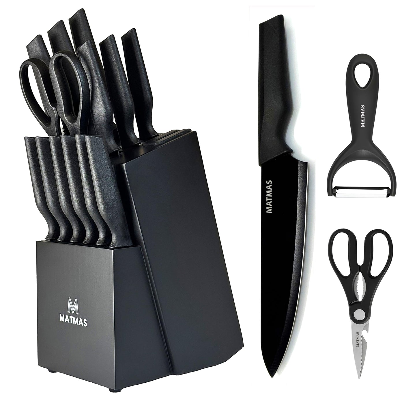 MATMAS Kitchen Knife Set with Block, 15 Pieces with Built-in Sharpener, Carbon Stainless Steel Knives, Culinary Excellence