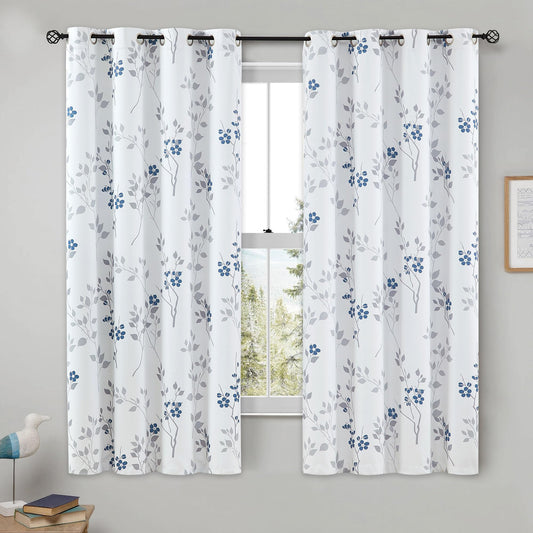 Beauoop Blue Grey Floral Blackout Curtains for Bedroom Living Room 54 Inch Drop Leaf Print Eyelet Curtain Botanical Thermal Insulated Noise Reducing