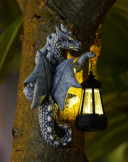 Tree Hugger Garden Dragon Statue with Solar Lantern - Outdoor Decor Welcome Sign and Tree Face Garden Gift - Perfect Gardening Gift Idea, 13.97cm x