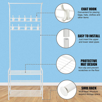 Coat Rack Shoe Bench with 8 removable Hooks, Metal Coat Hat Rack Free Standing Clothes Stand with 3-Tier Shoe Rack Bench, Hat Stand Hallway Organiser