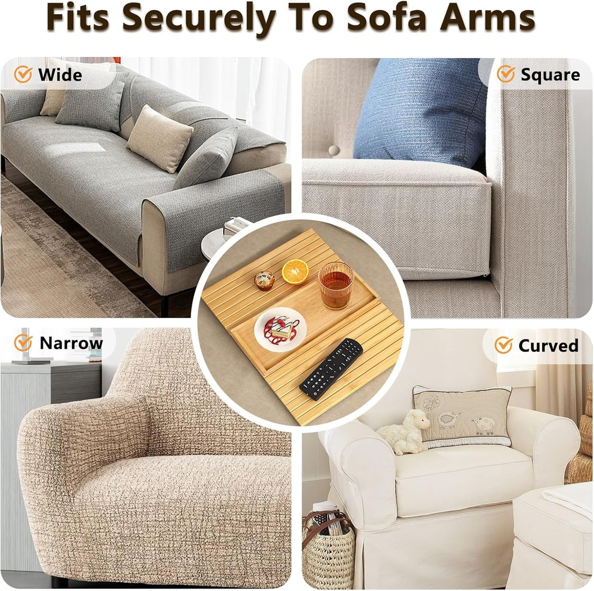 Sofa Arm Tray, Bamboo Foldable Couch Tray with Anti-Slip Fabric Backing, Sofa Side Table for Drinks, Snack, Magazine, and Remote(wood)