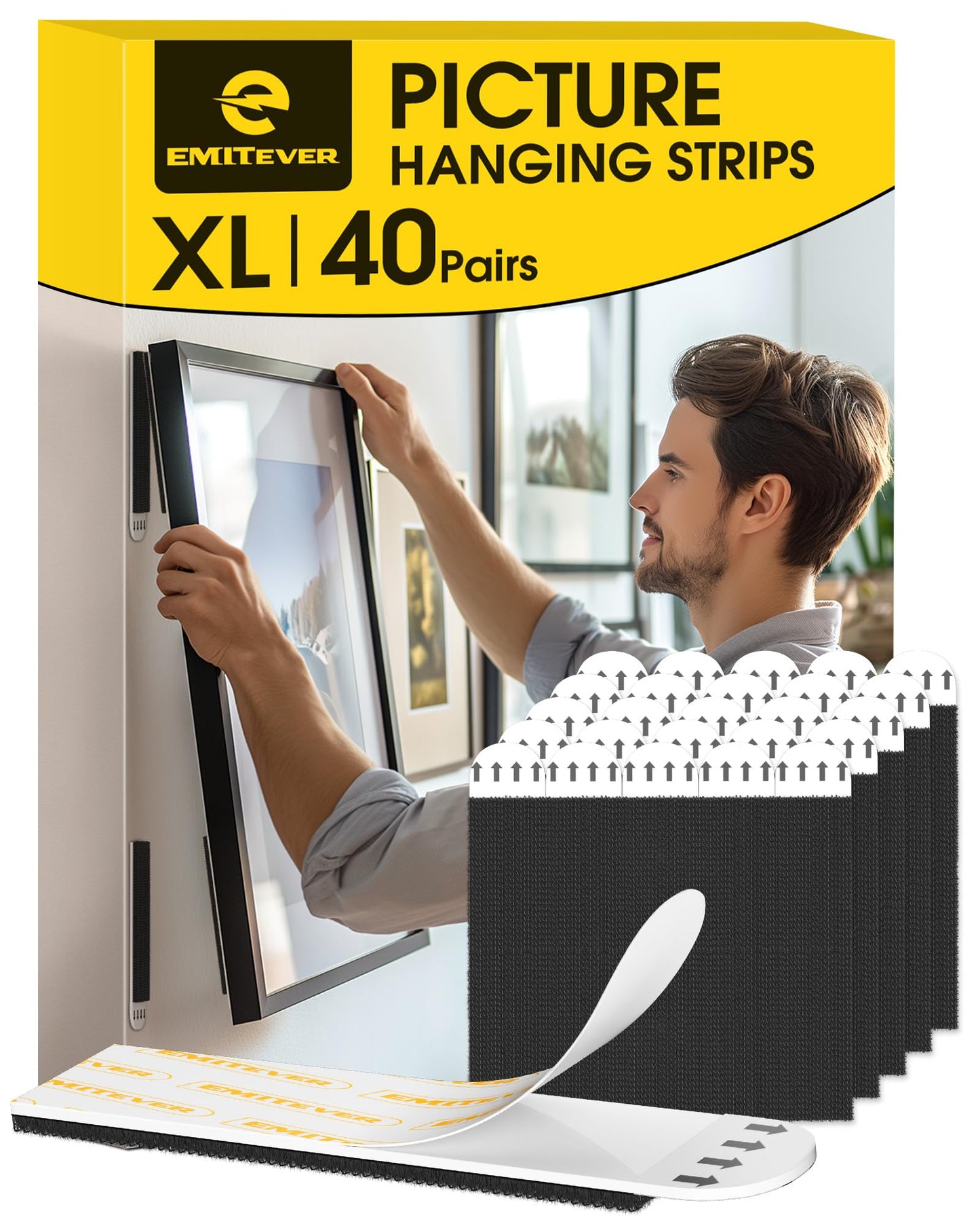 Emitever Picture Hanging Strips Heavy Duty, XL-40 Pairs(80 Strips), Holds up to 7.2 KG, No Damage Picture Adhesive Strips, Hook and Loop Mounting Tape