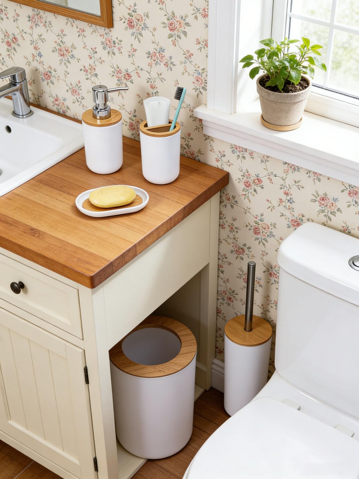 JETAINE 6 Pieces Bamboo Bathroom Accessories Modern Bathroom Accessory Set Luxury Bathroom Bin and Toilet Brush Set