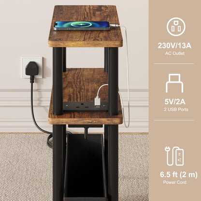 APICIZON Narrow Side Table, 3 Tier Bed Side Table, Slim End Table with Charging Station, for Living Room, Bedroom
