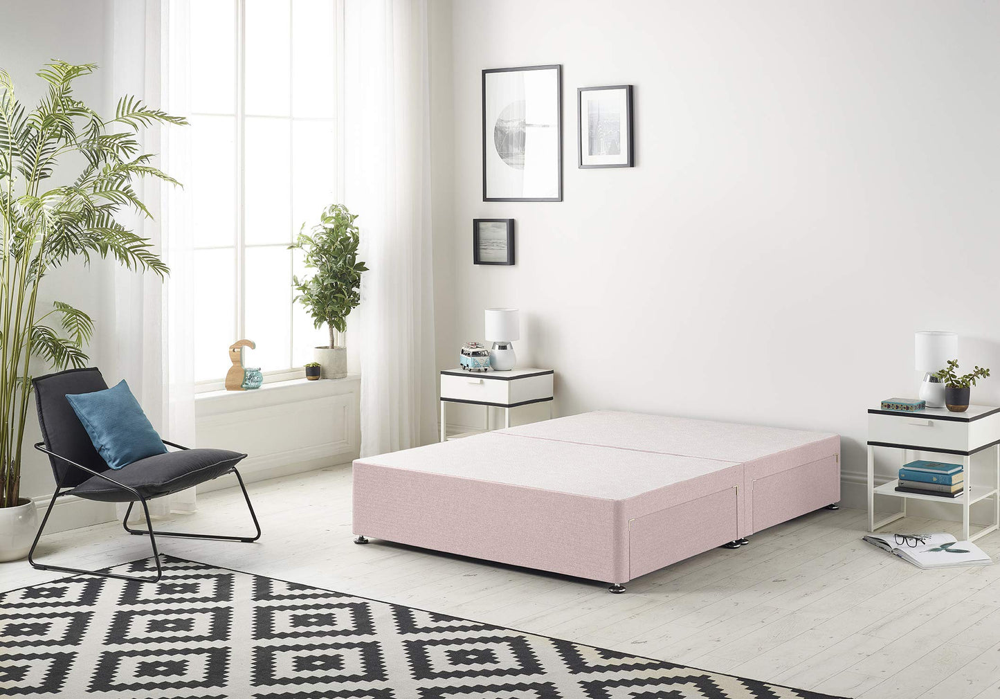 Bed Centre Flexby Divan Base Only with No Drawers and No Headboard - Available in 3ft,4ft,5ft and 6ft- Fabric (5FT King, Plush Pink Fabric)