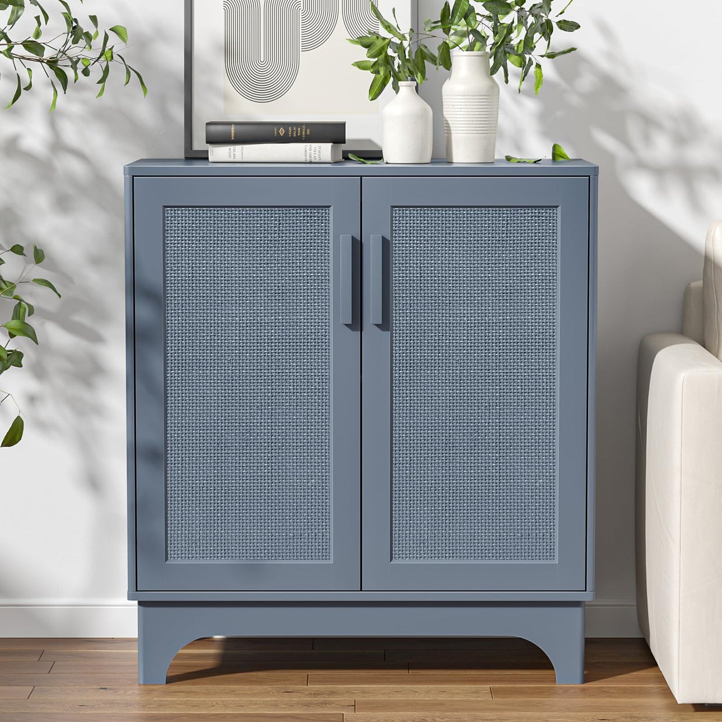 Skokliz Sideboard, Buffet Storage Cabinet with Natural Rattan 2 Doors