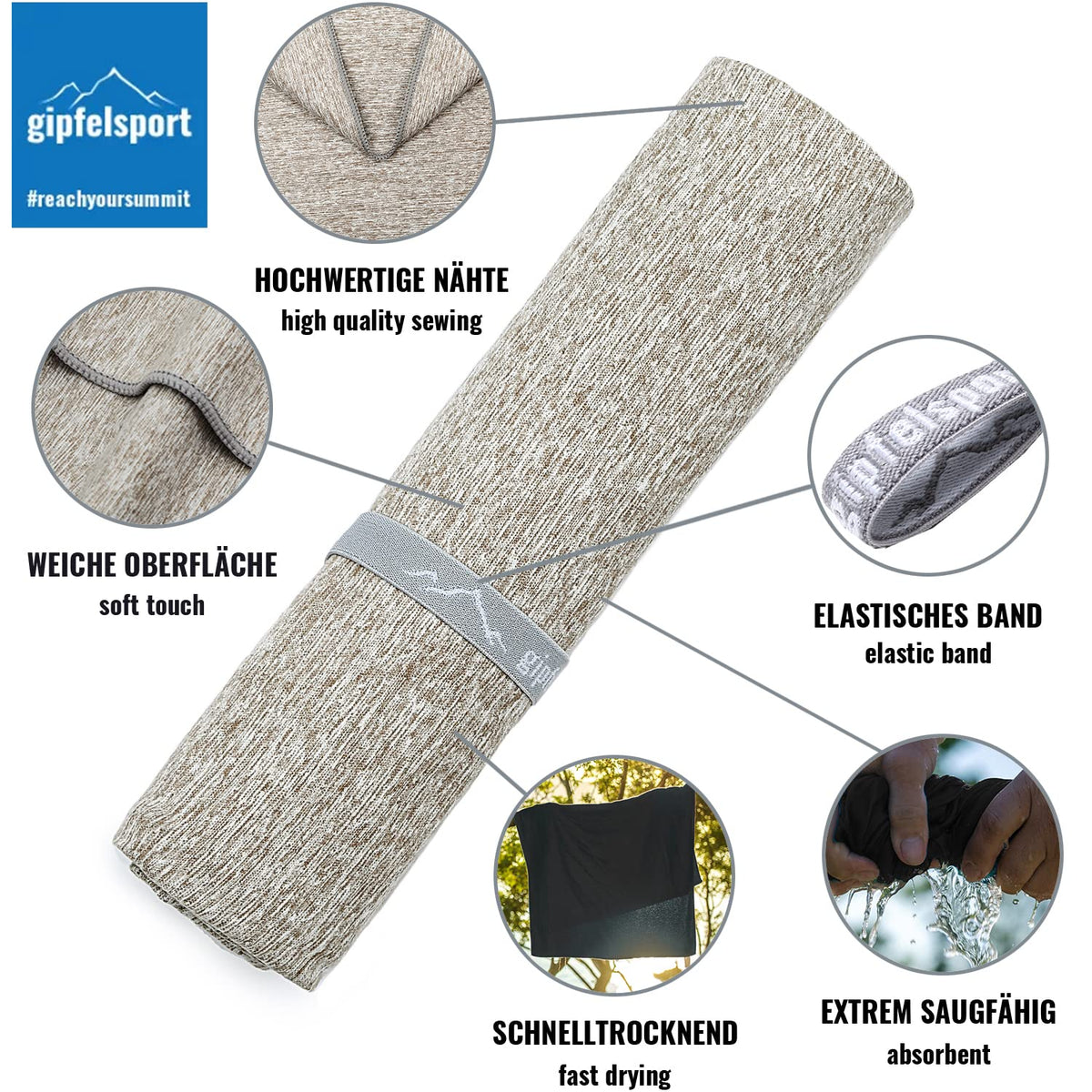 Microfibre Towel Set for Sauna, Fitness, Sports, Beach Towel, Sports Towel, Light Grey, Brush M: 110 x 50 cm