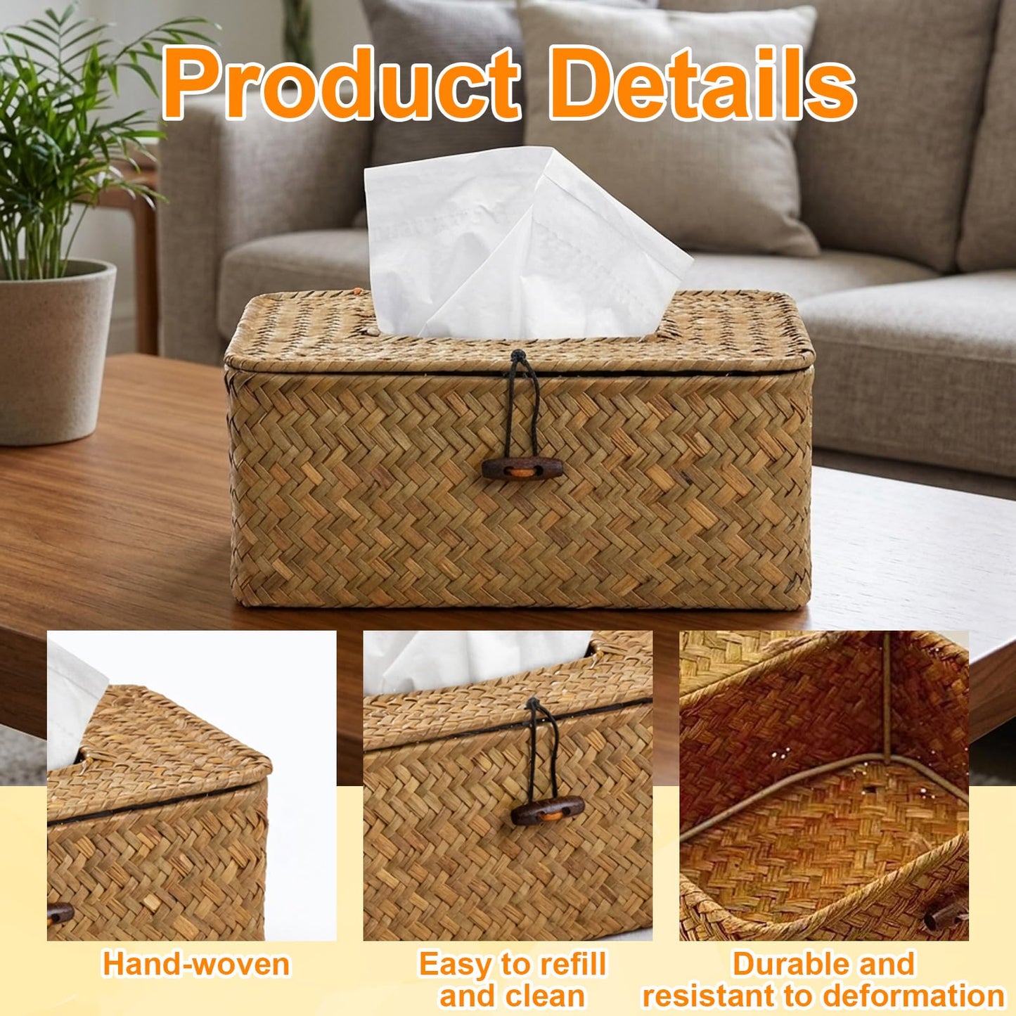 1 Pcs Rectangular Facial Tissue Box, Bamboo Tissue Box with Natural Woven Texture, Decorative Tissue Holder for Home Decor