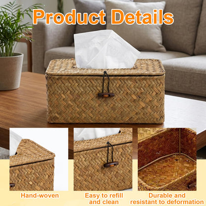 1 Pcs Rectangular Facial Tissue Box, Bamboo Tissue Box with Natural Woven Texture, Decorative Tissue Holder for Home Decor