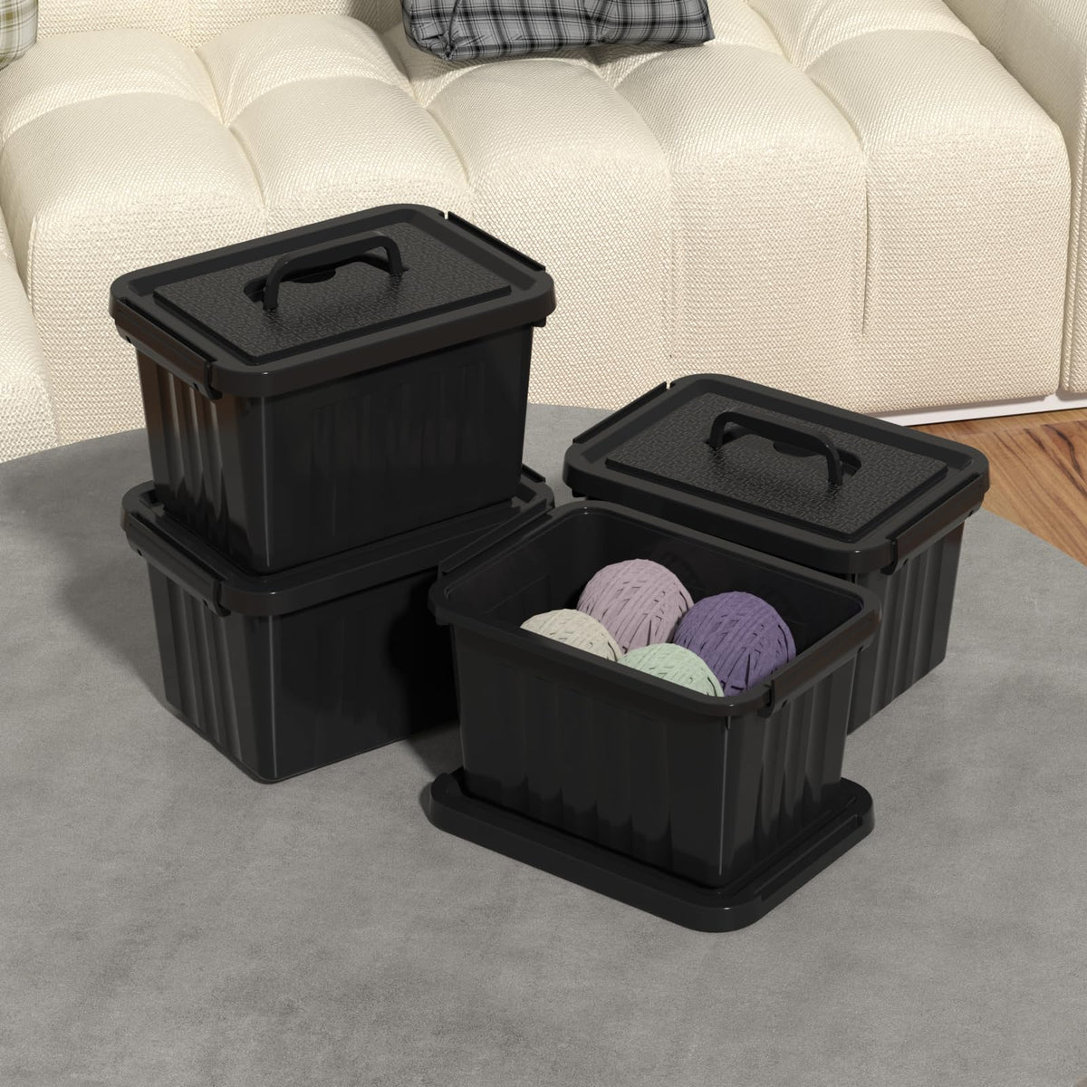 Lesbye 4 PCS Black Plastic Storage Box with Lids, Storage Containers