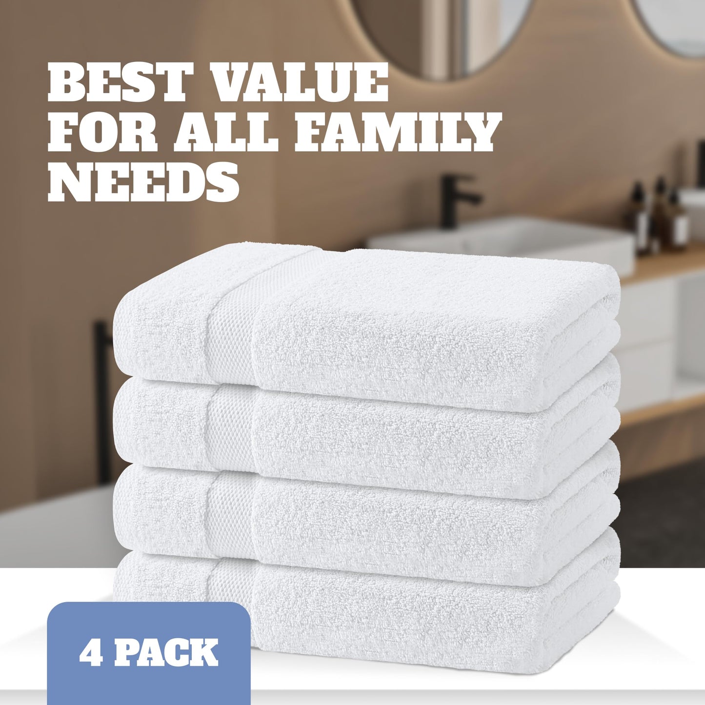 White Classic Wealuxe Cotton Bath Towels - Soft and Absorbent Hotel Towel - 68x132 CM - 4 Pack - White