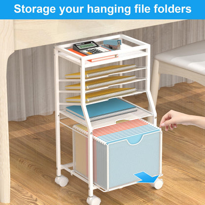 BOHDK Rolling File Cart, 6-Tier Under Desk Organiser on Lockable Wheels, Black Wood Planks & Mesh File Cart with Sliding Drawer and Paper Trays for