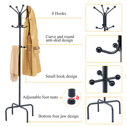 Hoctieon Entryway Coat Rack Freestanding With 12 Hooks, Metal Coat Tree Stand, Heavy Duty Floor Standing Hanger, Black