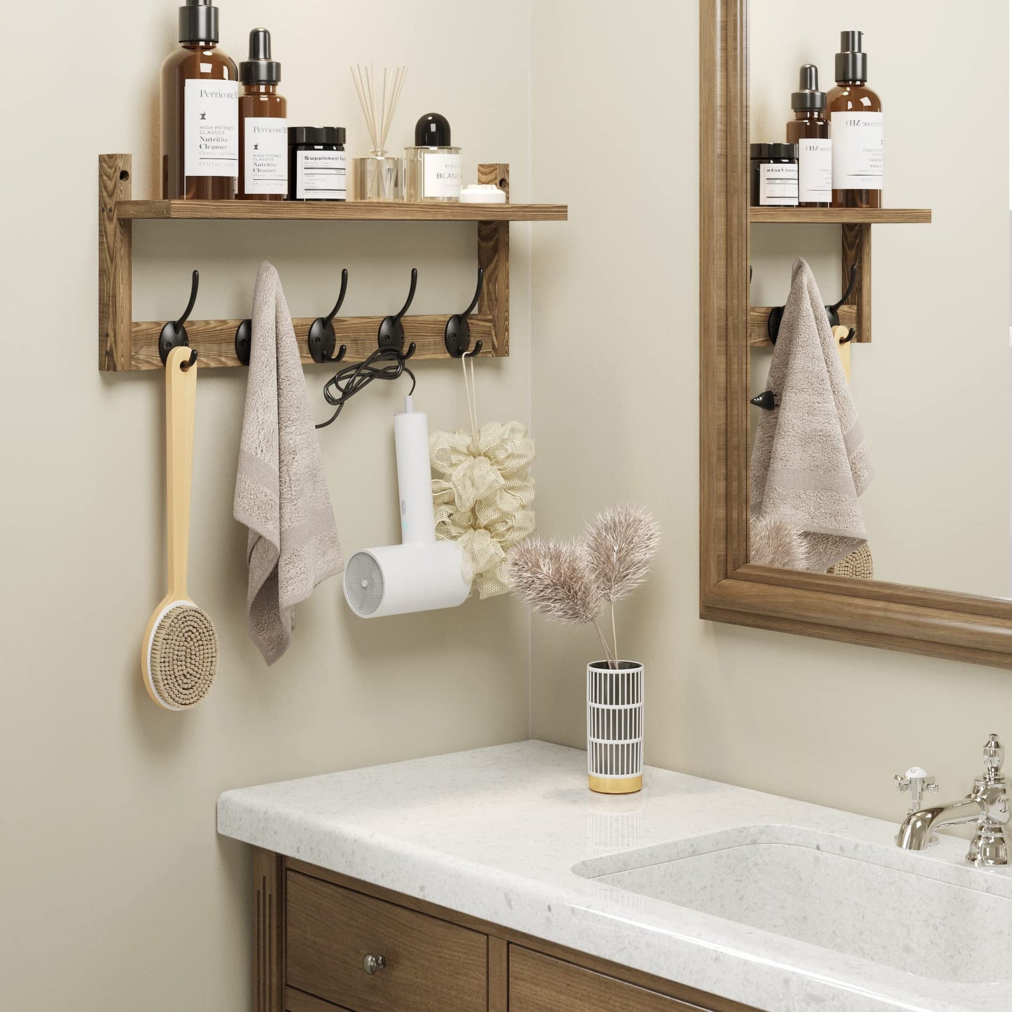 AMBIRD Wall Hooks with Shelf Entryway Wall-Mounted Shelf Wooden Coat Hook Rack Featuring 5 Dual Hooks for Bathroom, Living Room, Bedroom