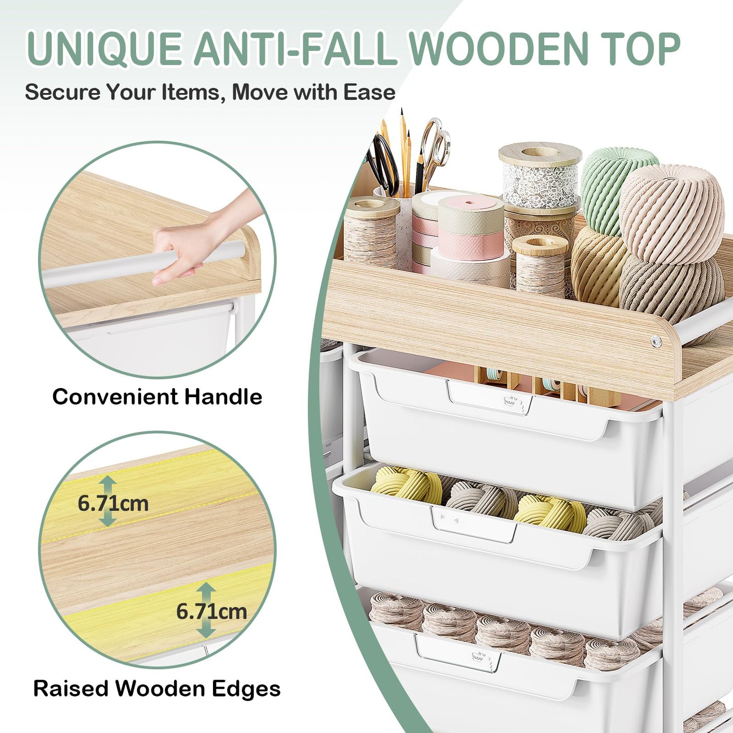 10 Drawers Rolling Cart with Wooden Tabletop, Utility Storage Cart with Wheels, Art Supply Craft Organizer on Wheel with Metal Frame & Handles for