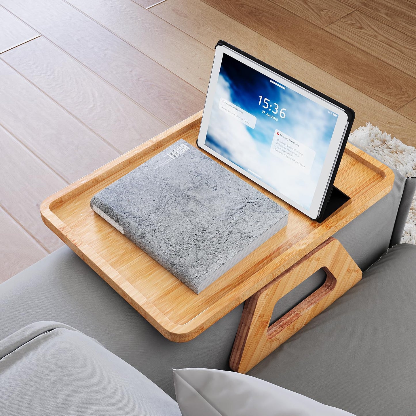 Fibogollo Sofa Tray,Bamboo Folding Couch Arm Tray,Sofa Armrest Trays Clip-On Couch Desk for Drinks,Snacks,Phone,Remote Control(Natural)
