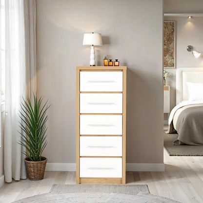 Seconique Seville 5 Drawer Narrow Chest in White Gloss/Light Oak