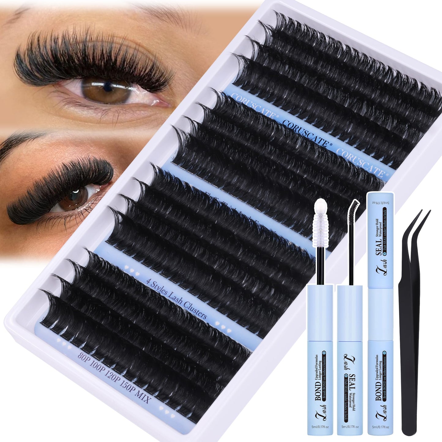 CORUSCATE Cluster Lashes Kit Long 14-20mm Eyelashes Individual Kit 80D-150D Thick Lashes Individual Cluster Russian Strip Lash D Curl DIY Lash