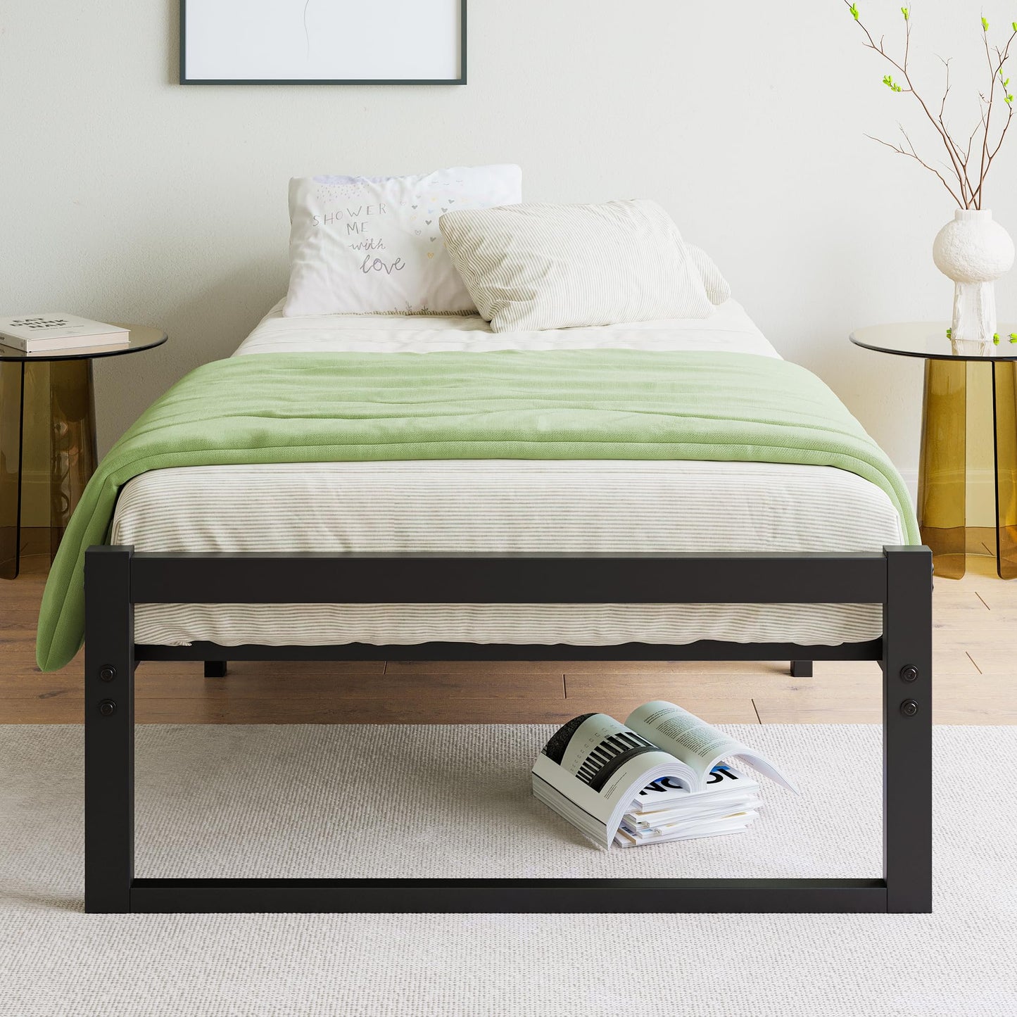 VECOCHO Bed 90 x 200 cm, Bed Frame 90 x 200 cm with Metal Slatted Frame, Black