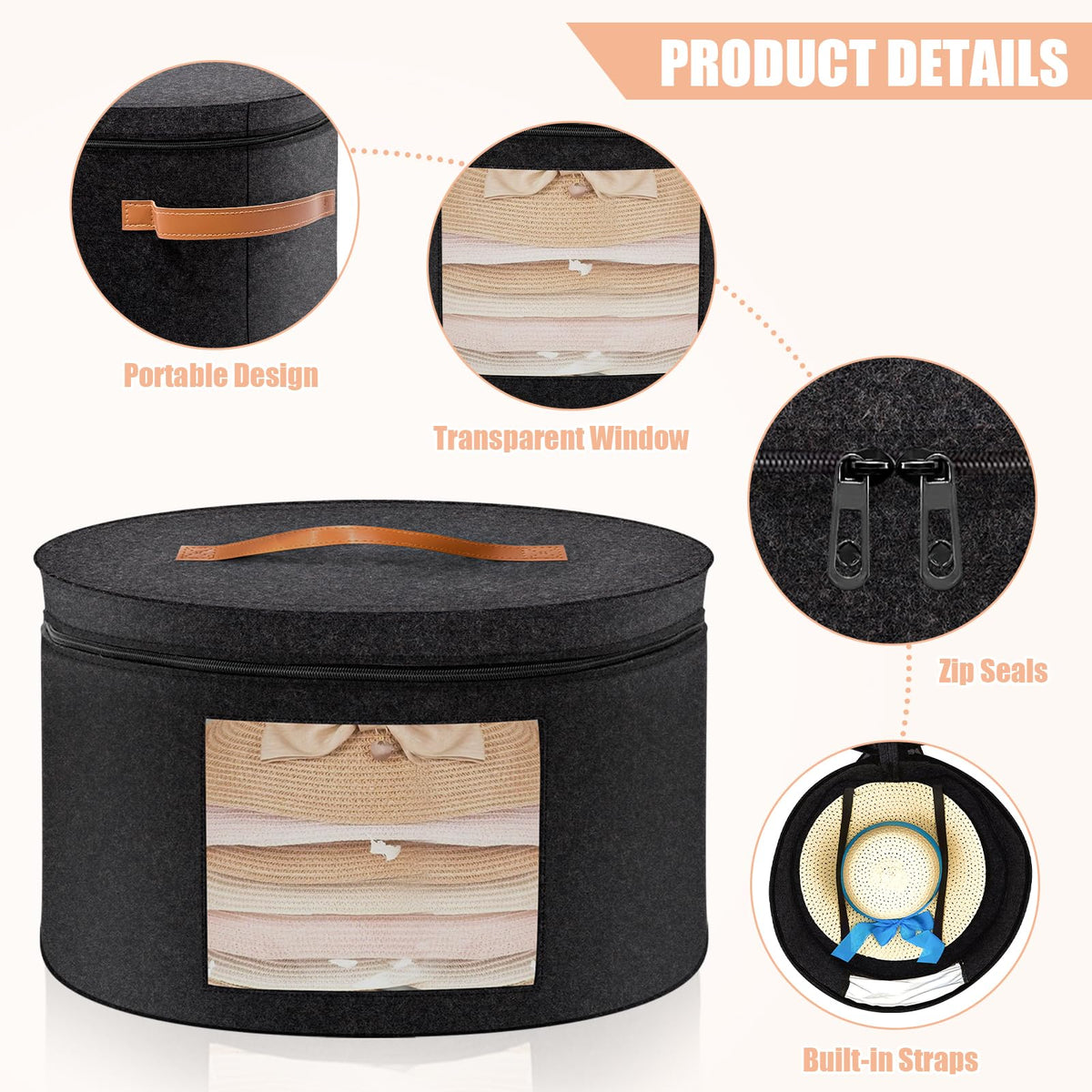 Round Hat Boxes with Lids, 43 x 26cm Felt Hat Storage Box