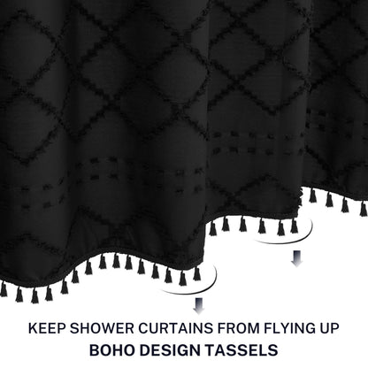 Extra Long Boho Black Woven Fabric Shower Curtain with Tassels 54 x 78 Modern Farmhouse Minimalist, Tufted Chevron Striped Shabby Chic Textured