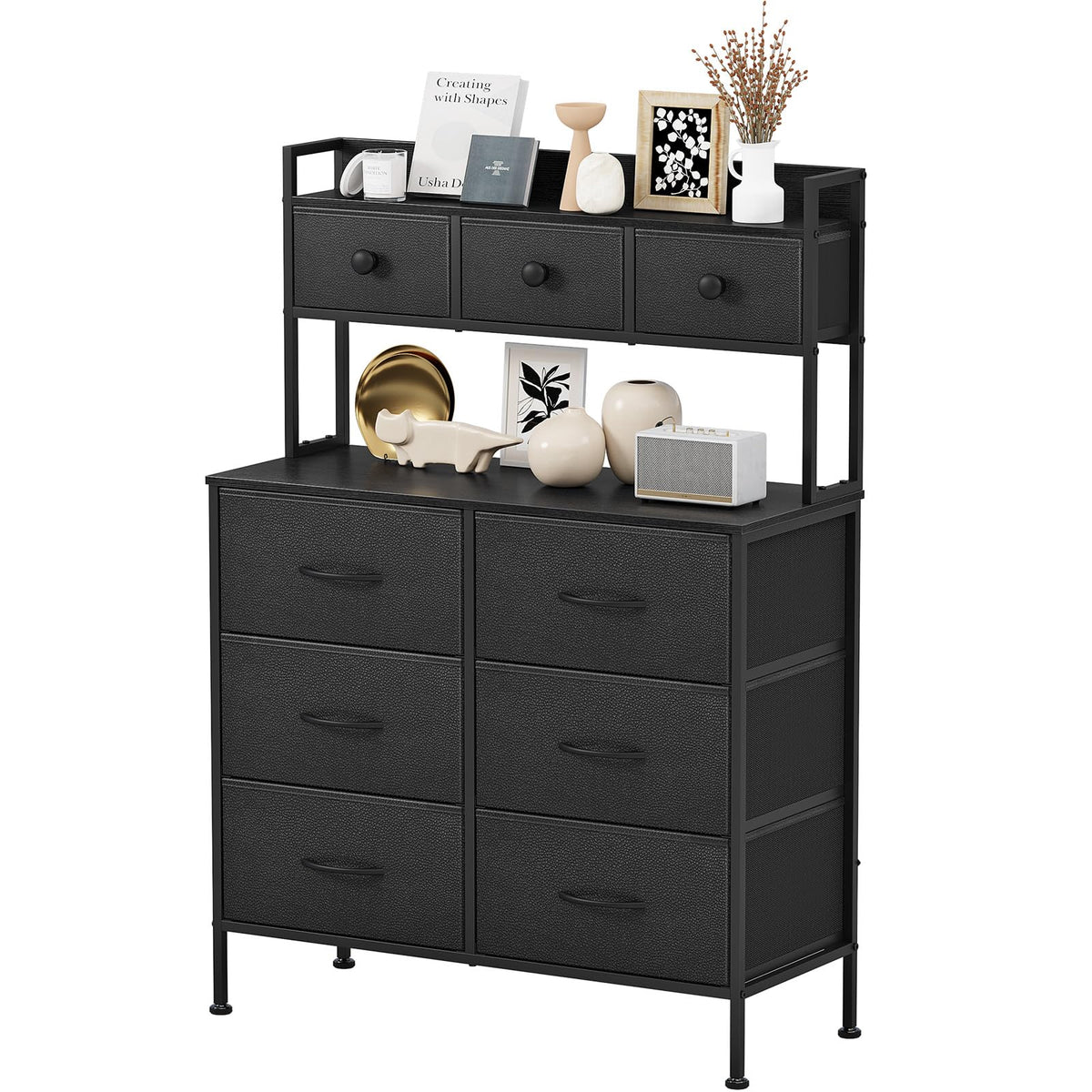 Mintnook Tall Chest of 9 Drawers, 3 Tiers Display Shelf Cabinet，Black