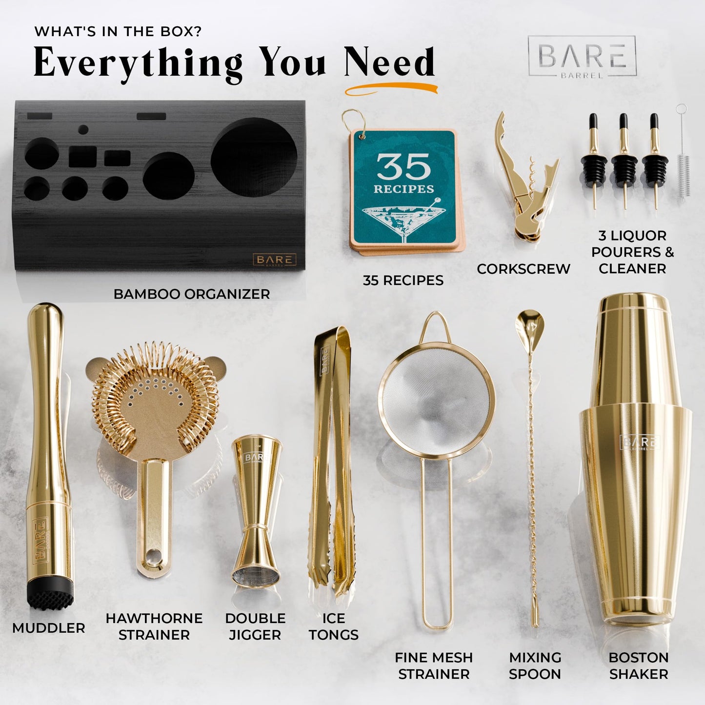 BARE BARREL Cocktail Making Kit | 14-Piece Bartender Kit Cocktail Shaker Set Maker | Bamboo Display Stand & 35 Recipe Cards | Mixology Cocktail Gift
