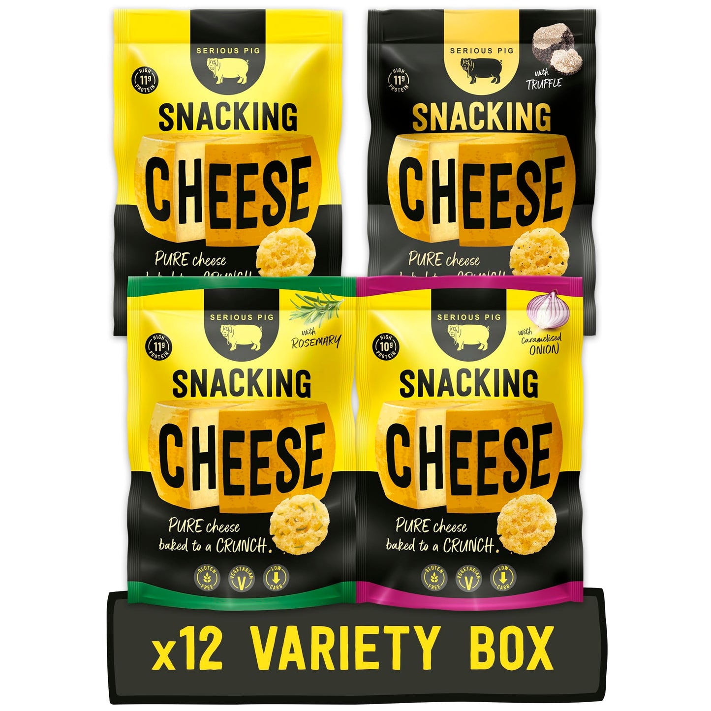 Serious Pig Snacking Cheese Variety Pack, Classic Rosemary Truffle Caramelised Onion Flavours (12 x 24g)