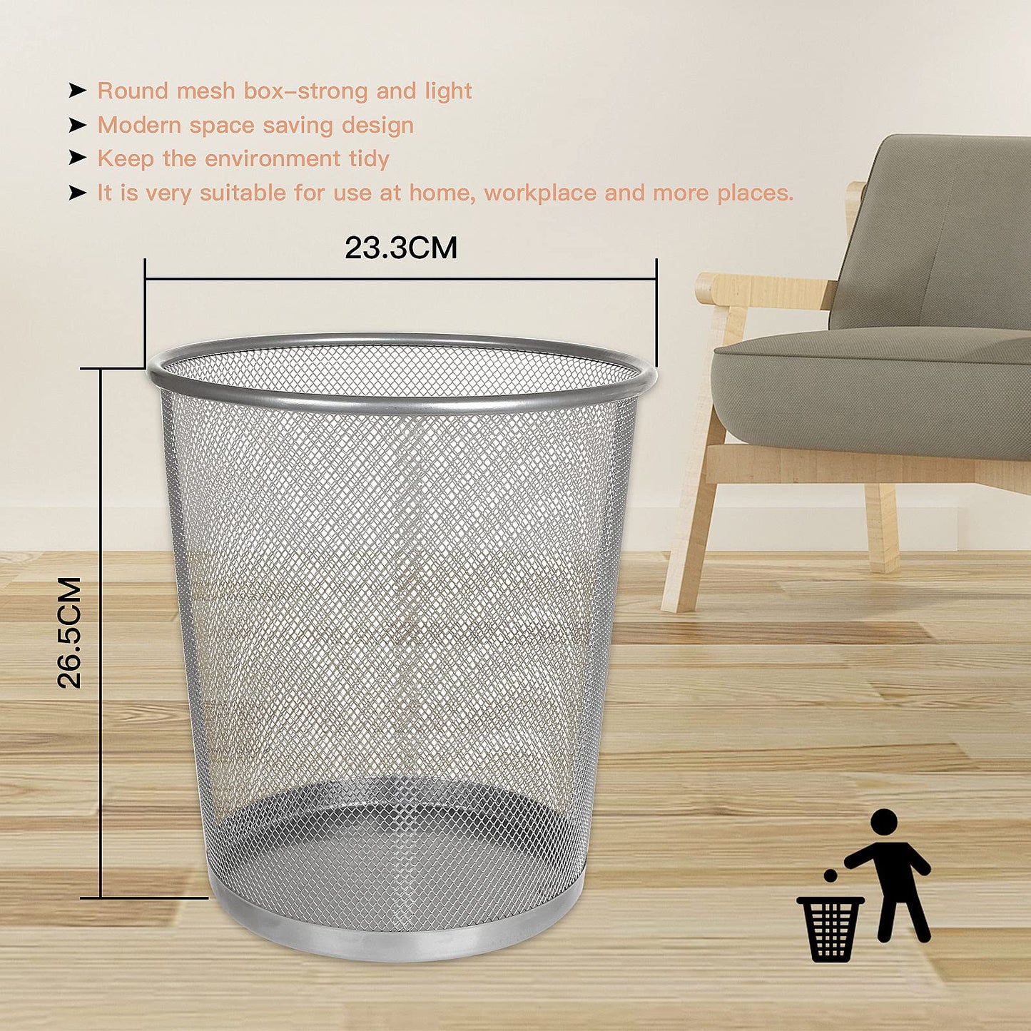 AHUNTTER 3 Pack Mesh Waste Paper Bin 12 Litres Metal Waste Basket Small Trash Can Rubbish Bin for Bedrooms Bathrooms Office Home Kitchens Supplies