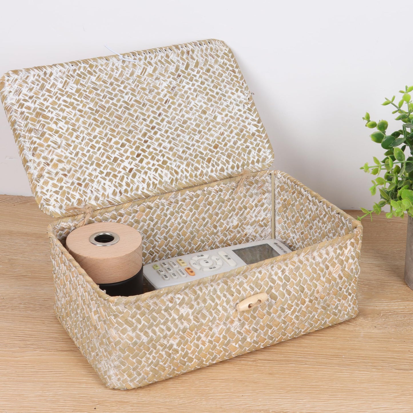 FEIALNDUO Wicker Shelf Baskets with Lid,Seagrass Storage Basket Bins Rectangular Handwoven Basket Boxes for Shelves Desktop Home Organizer