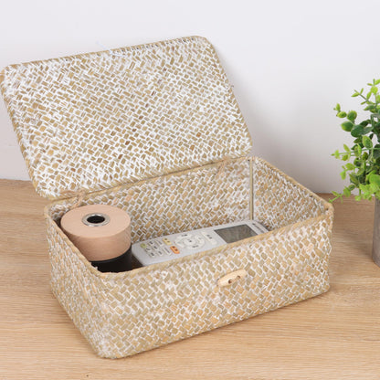 FEIALNDUO Wicker Shelf Baskets with Lid,Seagrass Storage Basket Bins Rectangular Handwoven Basket Boxes for Shelves Desktop Home Organizer