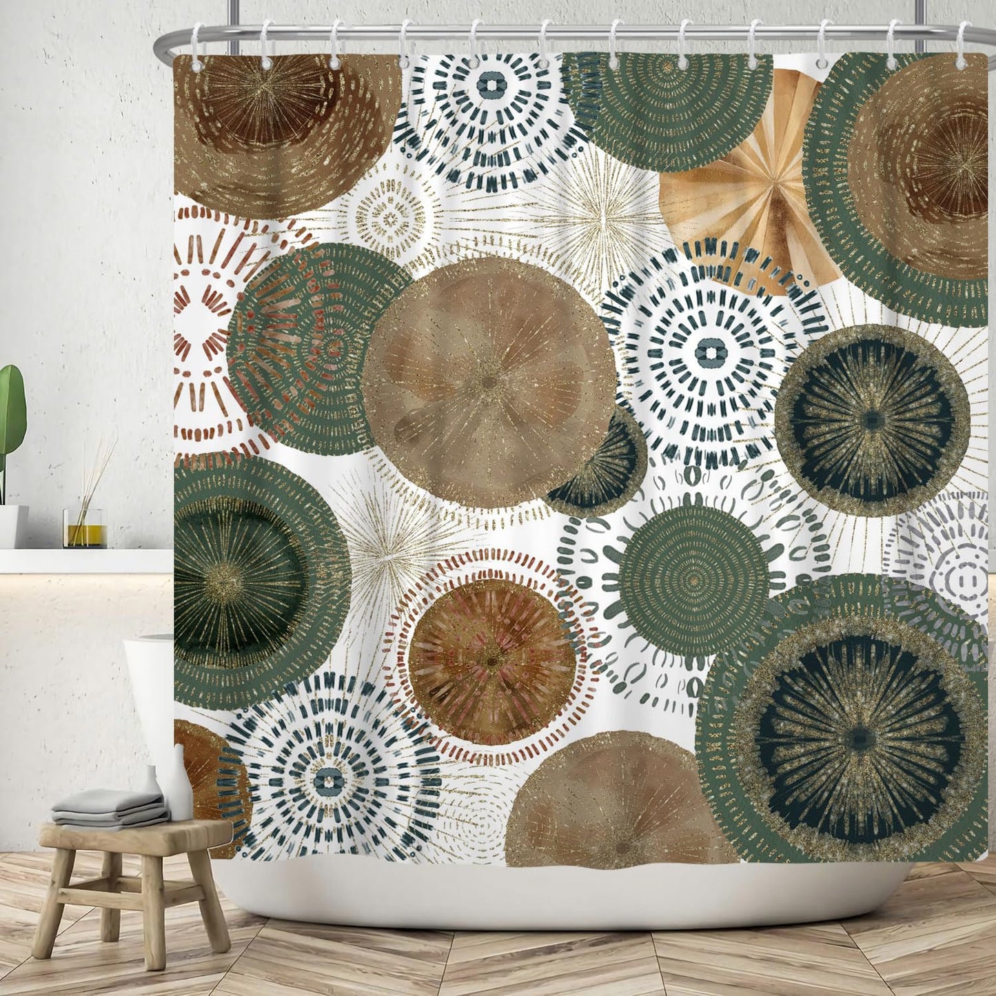 ASDCXZ Shower Curtain 180x200 cm, Modern Boho Green Brown Gold Circle Pattern White Bath Washable Shower Curtains Polyester Textile Waterproof Bath
