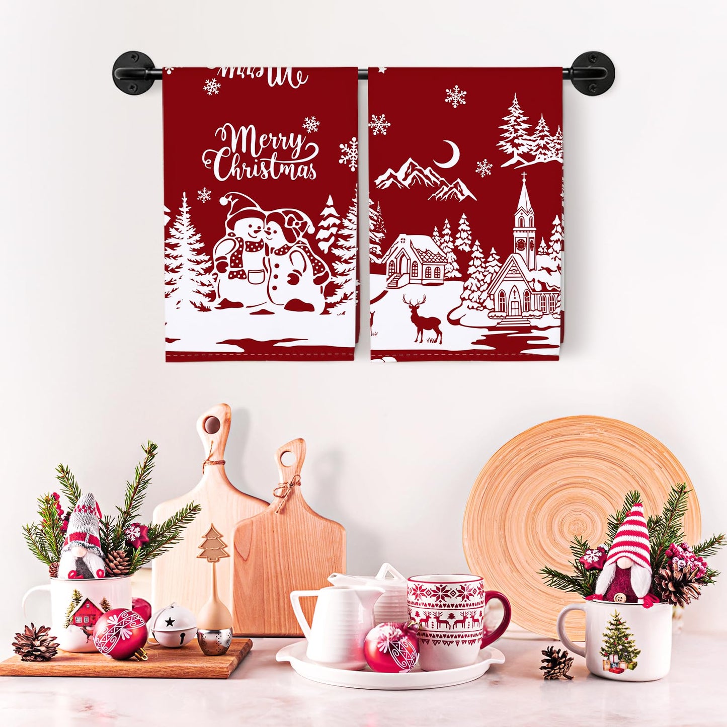 Arquiel 2 Pcs Snowman Christmas Kitchen Towel 100% Cotton Winter Absorbent Dish Towel 70 x 48 cm Housewarming Red Farmhouse Decorative Hand Towel for