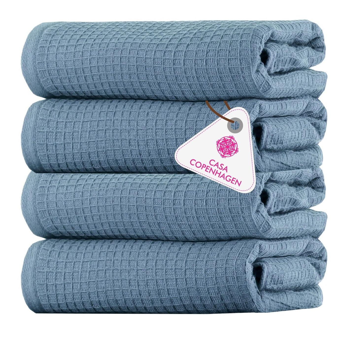 CASA COPENHAGEN Waffle 4-piece bath towel set – Old Blue, 70x140 cm, Egyptian cotton, designed in Denmark, for bathroom, kitchen & shower