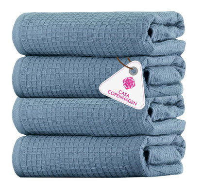 CASA COPENHAGEN Waffle 4-piece bath towel set – Old Blue, 70x140 cm, Egyptian cotton, designed in Denmark, for bathroom, kitchen & shower