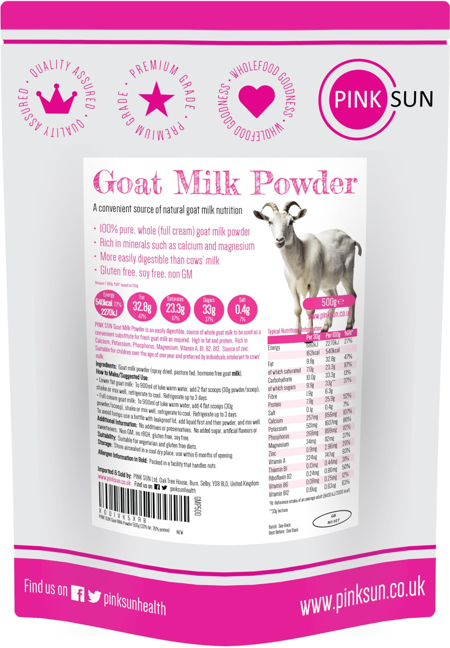 PINK SUN Whole Goat Milk Powder 500g Dried Full Cream Powdered for Convenient Use Gluten Free