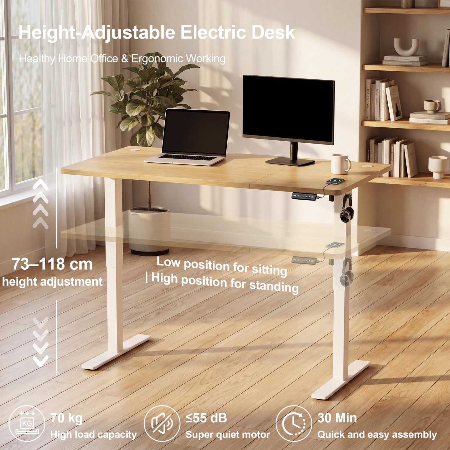 JUMMICO Electric Standing Desk 160x60cm – Height Adjustable with USB Charging, Sedentary Reminder, Memory Heights for Home Office Use, Beige