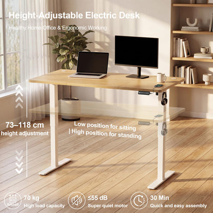 JUMMICO Electric Standing Desk 160x60cm – Height Adjustable with USB Charging, Sedentary Reminder, Memory Heights for Home Office Use, Beige