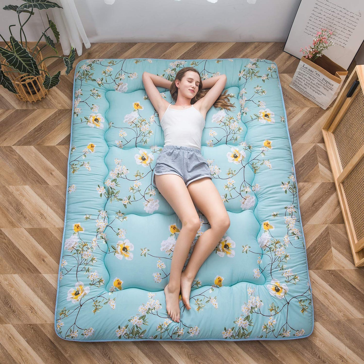 MAXYOYO Japanese Floor Futon Mattress, Thicken Tatami Mat Sleeping Pad Foldable Roll Up Mattress Dormitory Mattress Pad Floor Lounger Pillow Bed