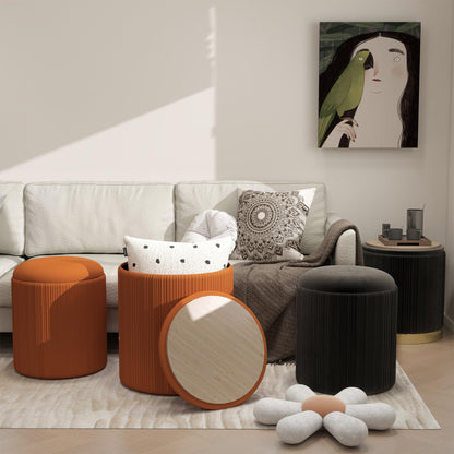 Caroeas Round Storage Ottoman Stools, Velvet Vanity Foot Stools with 300lbs