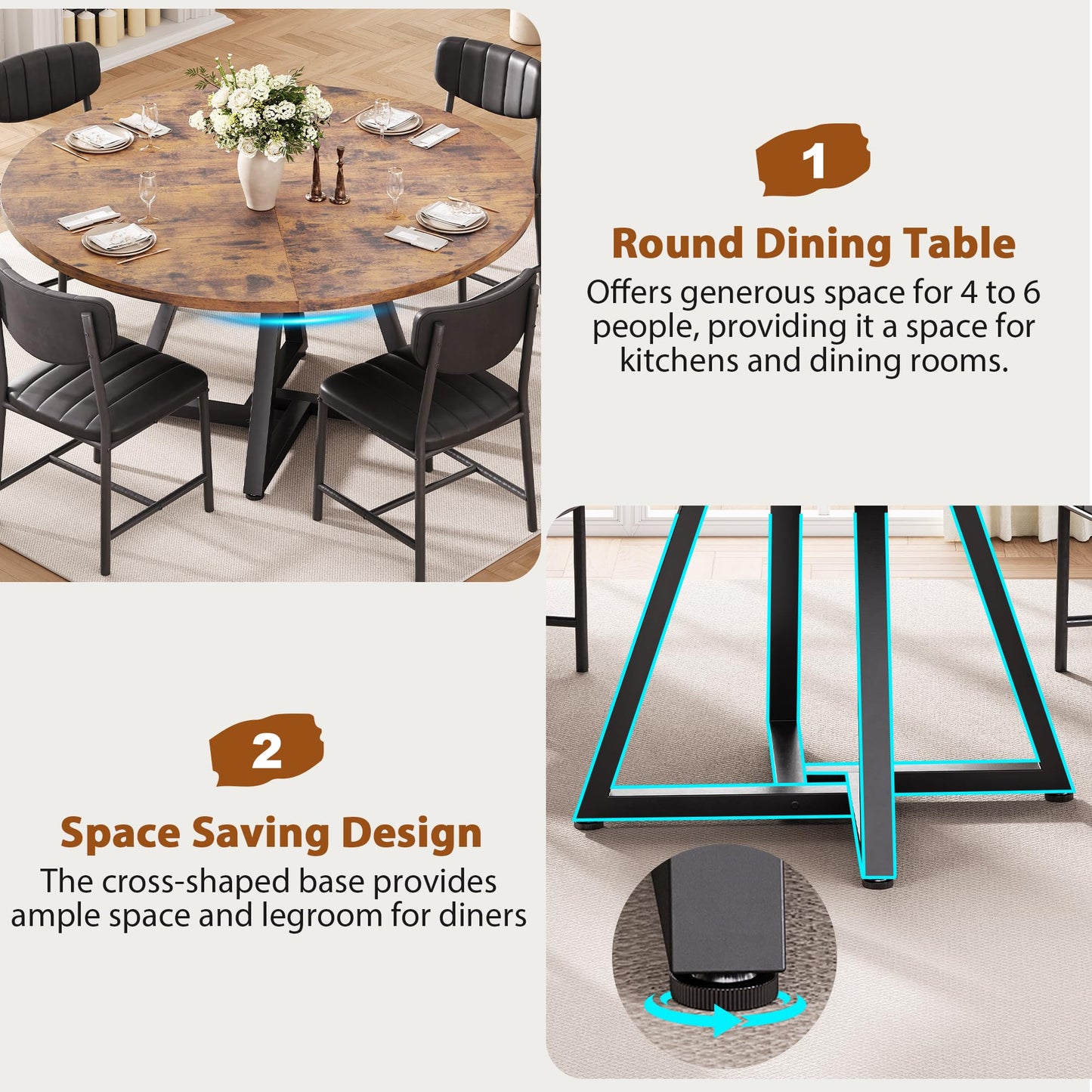 Jocoevol Round Dining Table and 4 Chairs Set of 4-6, Circle Dinner Table with Metal Frame, Space Saving Wood Industrial Furniture (Vintage, 47 inch)
