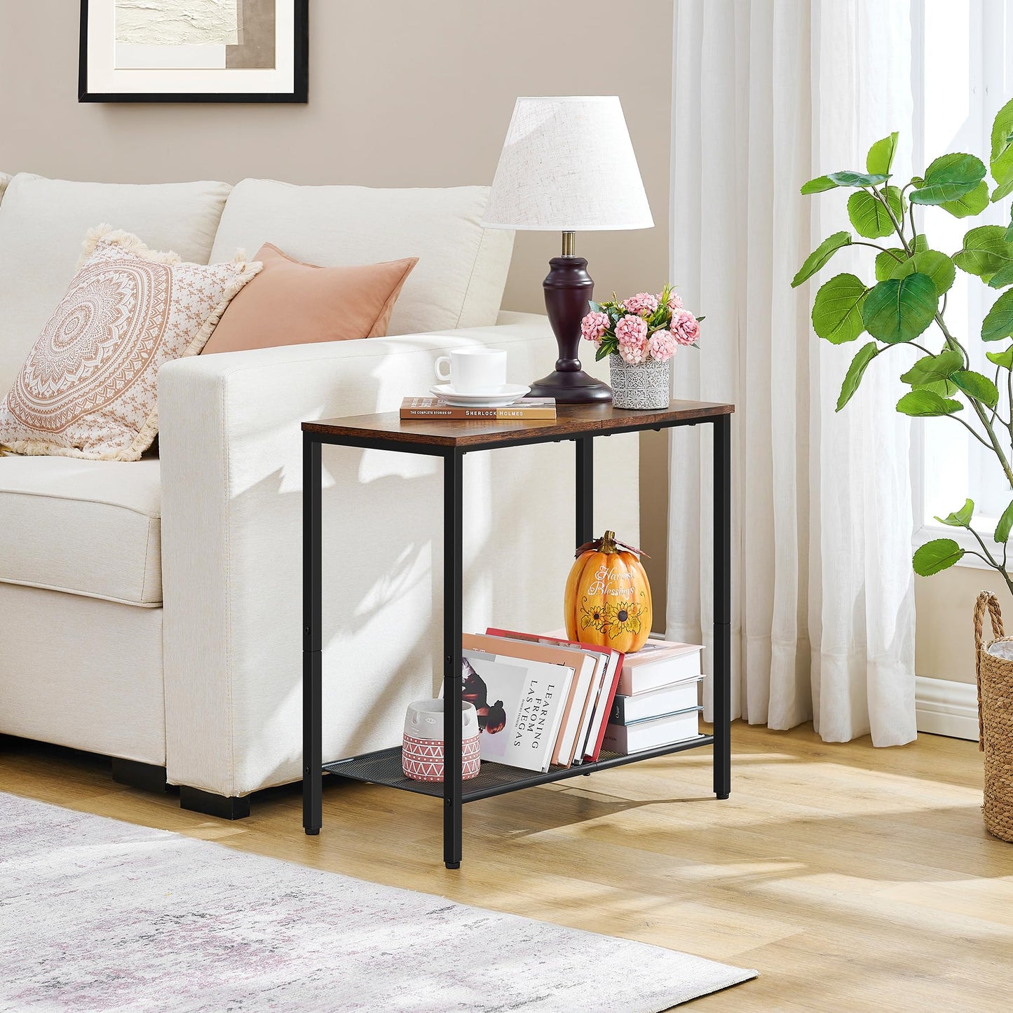 Hoctieon 2 Tier End Table, Sofa Side Table, Narrow Side Table with Storage, Slim Nightstand for Small Spaces, Metal Frame, for Living Room, Bedroom