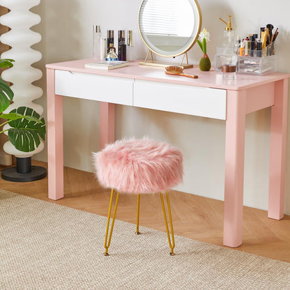 IBUYKE Faux Fur Vanity Chair, Furry Makeup Stool Ottoman, Pink L/G-32P